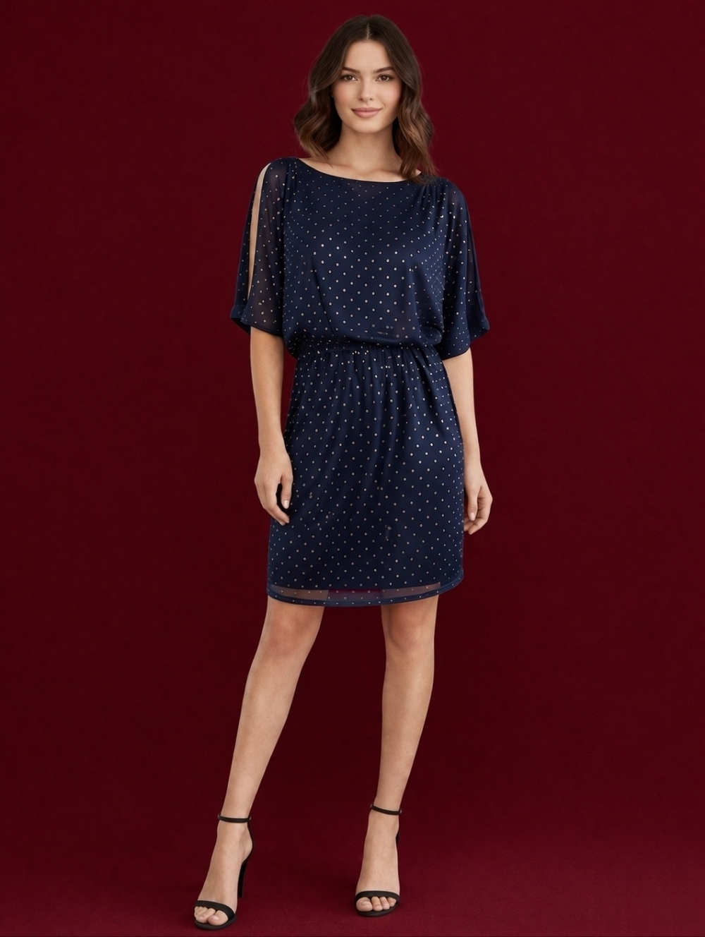 JESSICA SIMPSON Sheer Overlay Polka Dot Cold Shoulder Party Dress